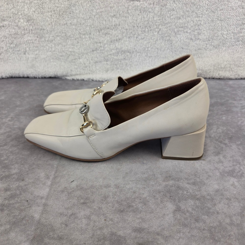 Franco Sarto Laurita Cream Leather Horsebit Block Heel Loafers Size 8M